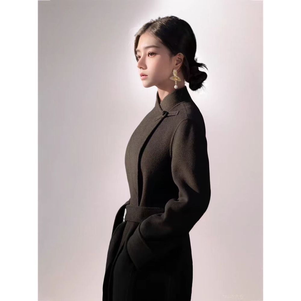 Women's Black Woolen Coat Mid-Length Woolen Jacket