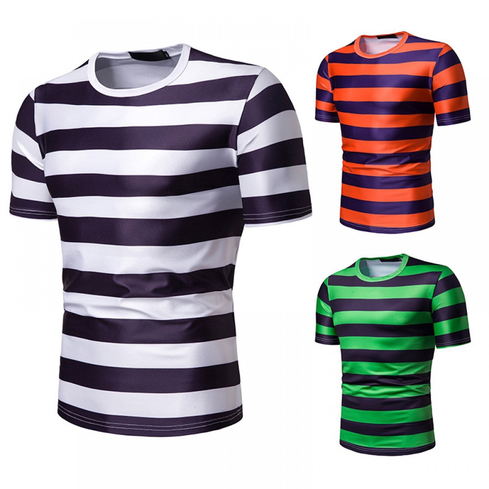 New Summer Men's Short-Sleeved T-Shirt Contrast Striped Slim-Fit Casual T-Shirt