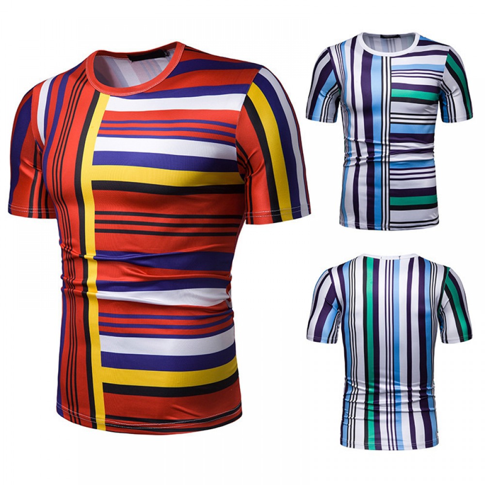 New Summer Men's Short-Sleeved T-Shirt Contrast Striped Slim Casual T-Shirts