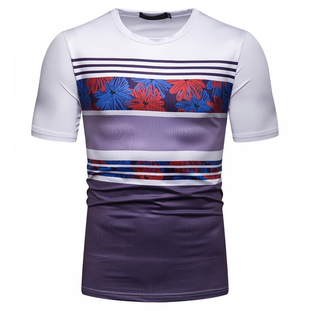 New Summer Men's Short-Sleeved T-Shirt Contrast Striped Slim Casual T-Shirt